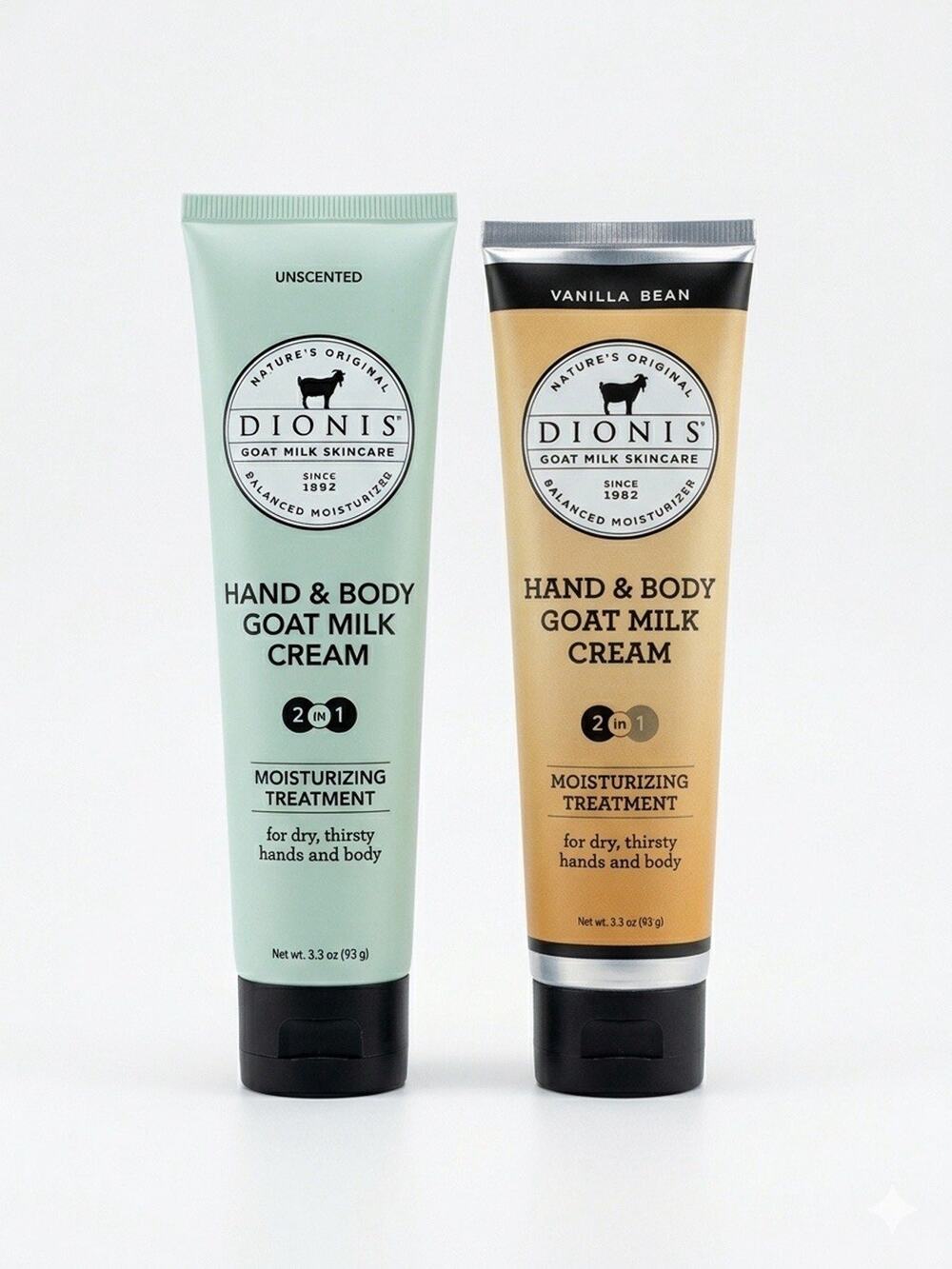Dionis Goat Milk Hand & Body Cream 2-Piece Set - Vanilla Bean & Unscented 3.3oz